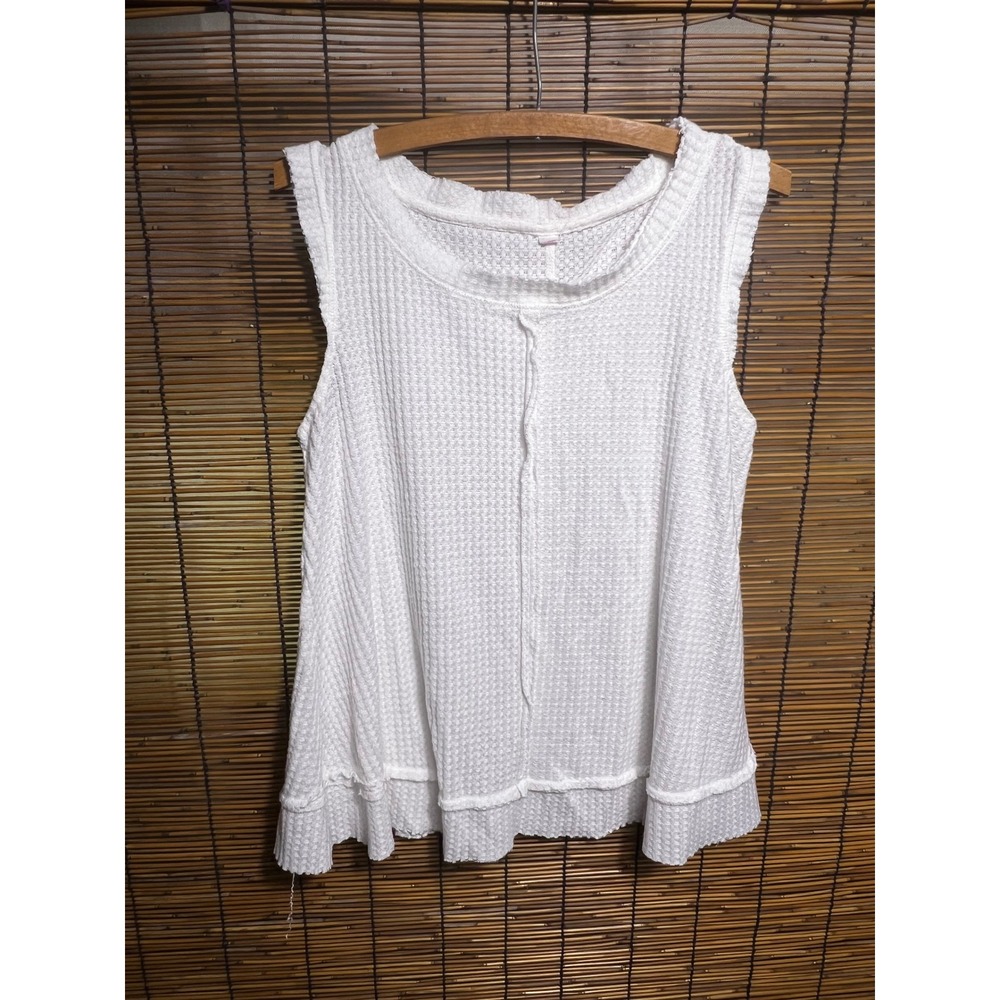 White Waffle Knit Flowy Cute Tank Top Sleeveless Raw Edge